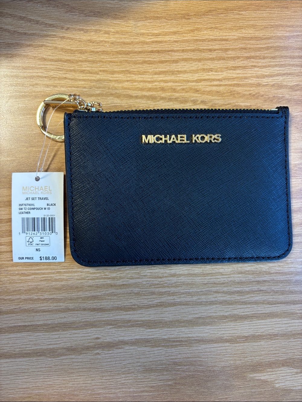Michael Kors Black Leather Zip Card Case with Gold Keyring